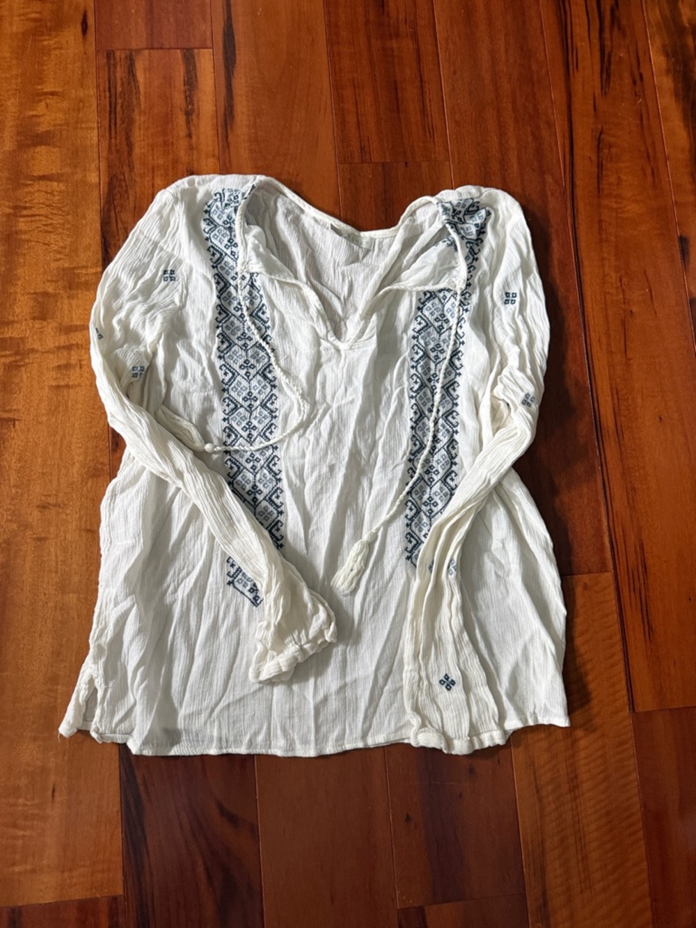 hinge White Peasant Tunic with Blue Embroidery